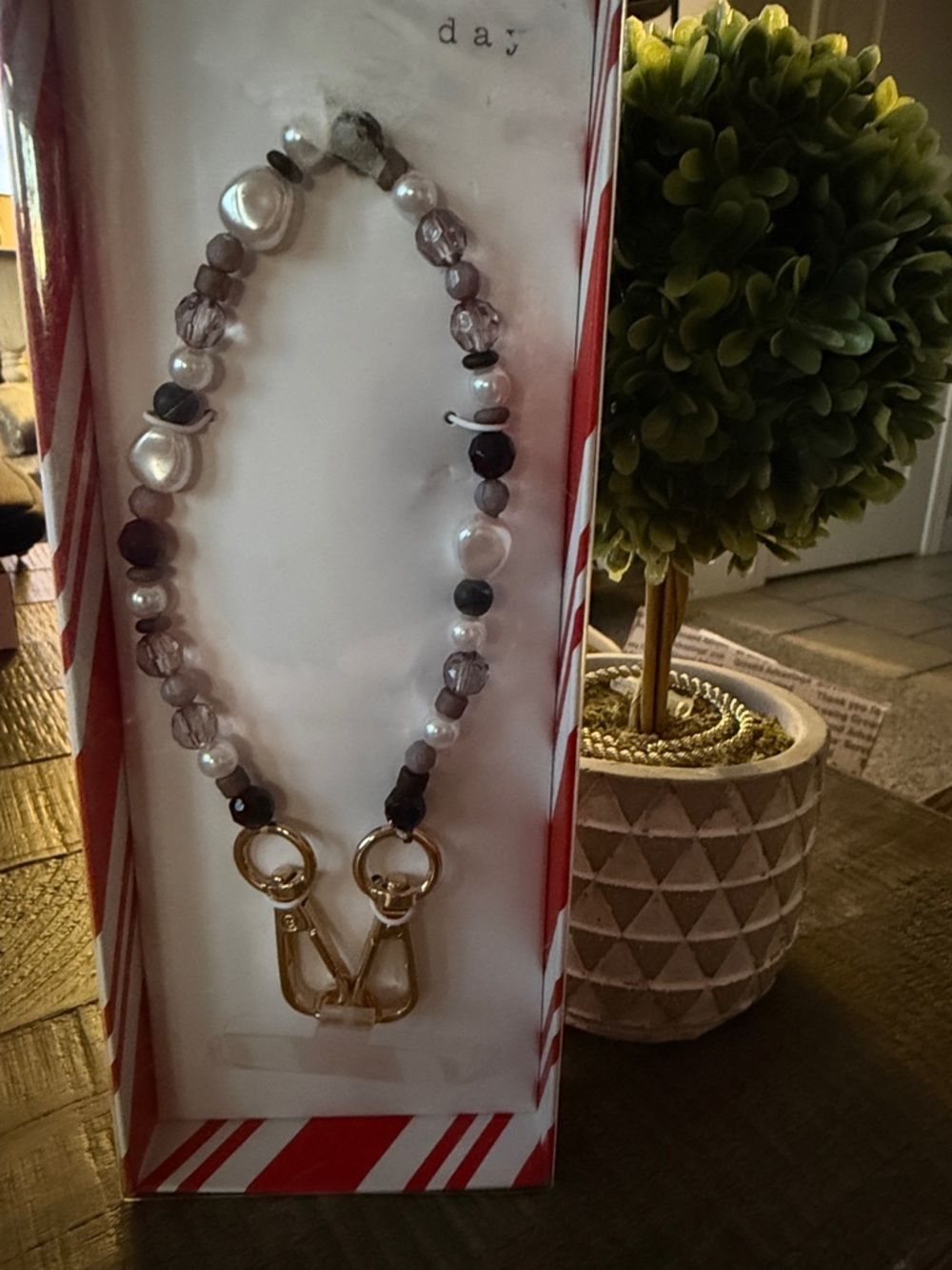 Wristlet strap with phone Attachment - Pearl and Smoky Crystal and Gold